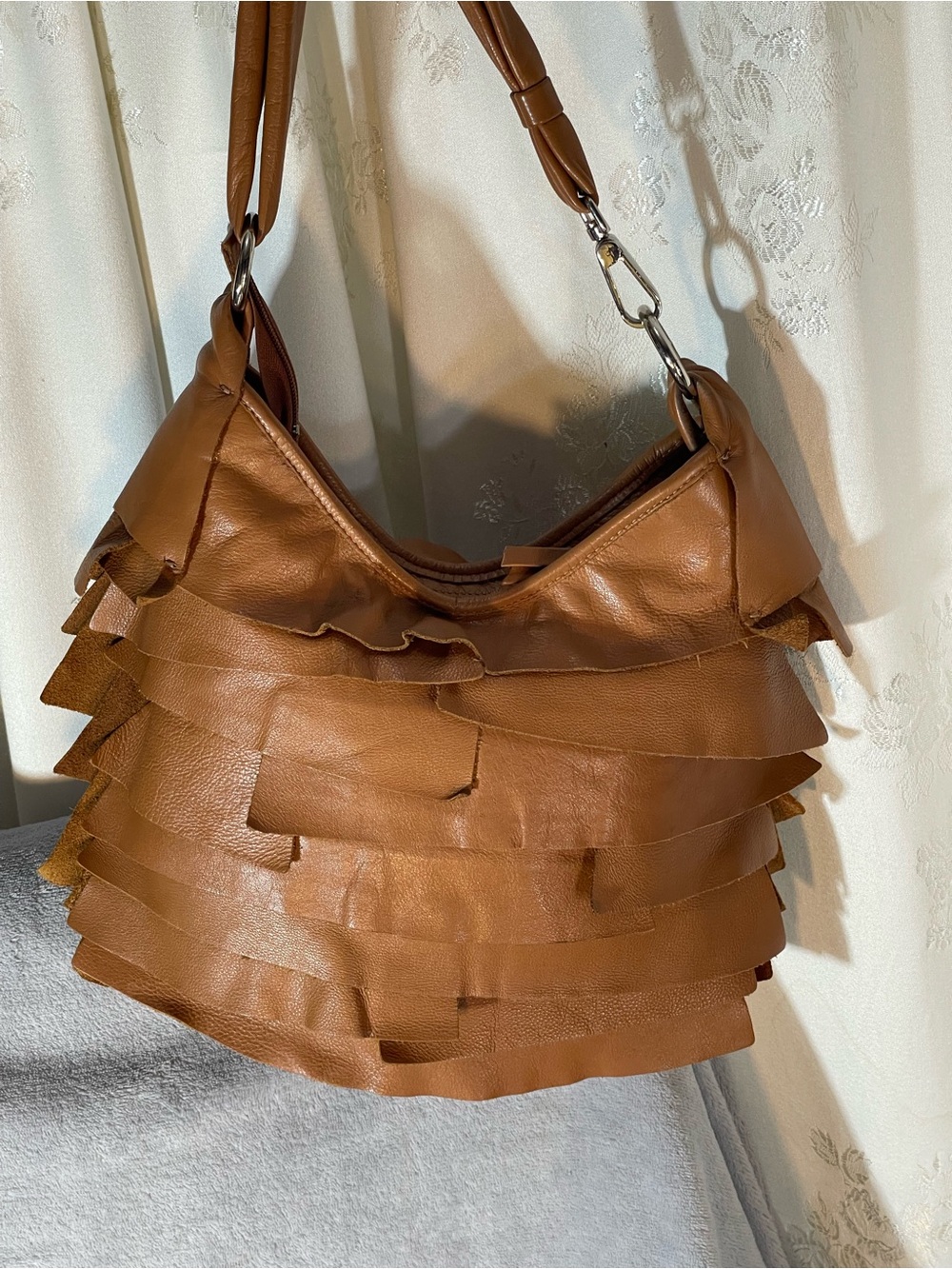Italian Designer Leather Ruffle Hobo Bag in Rich Brown Bohemian Style